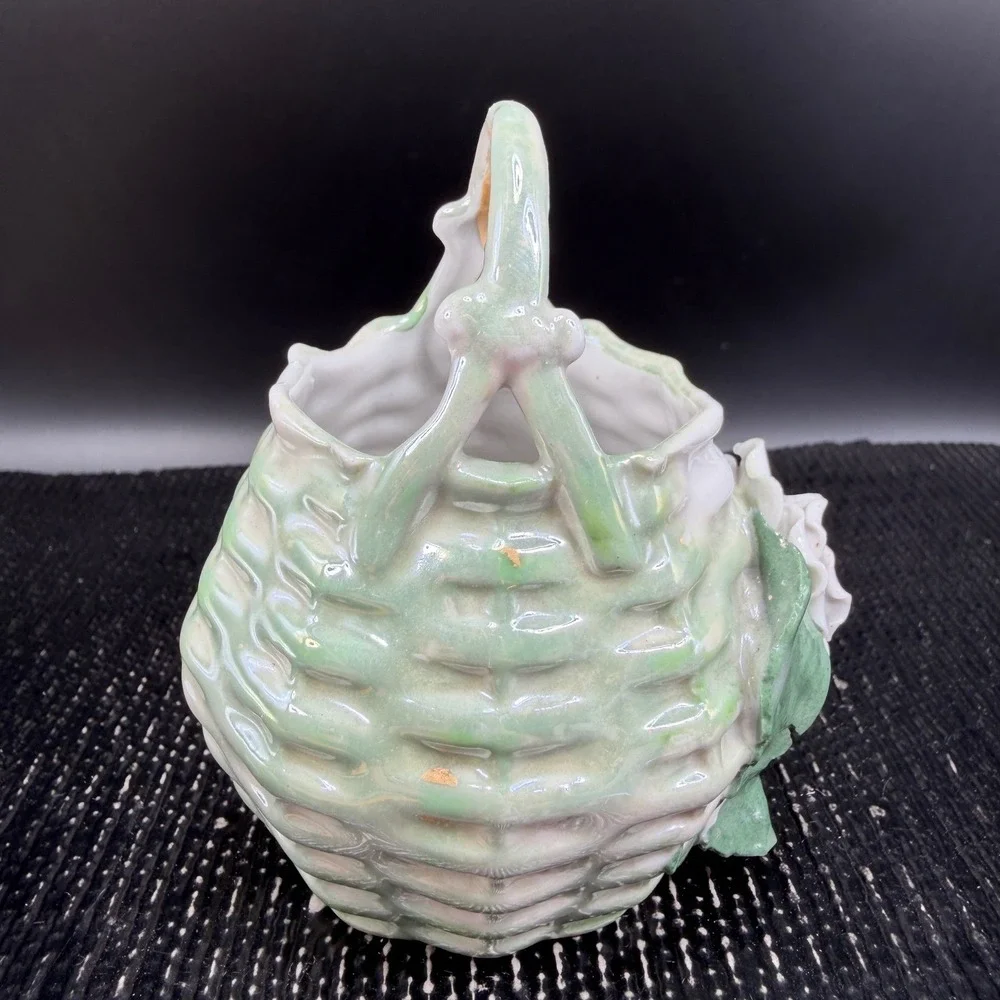 Vintage Germany Miniature Porcelain Flower Basket White Rose Figurine Delicate‎